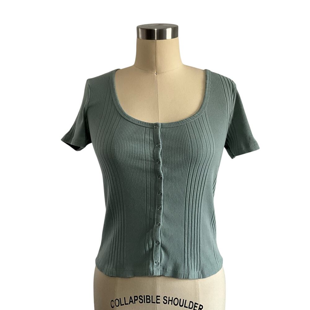 SO Sage Green Ribbed Button-Up Top: Y2K, Modern